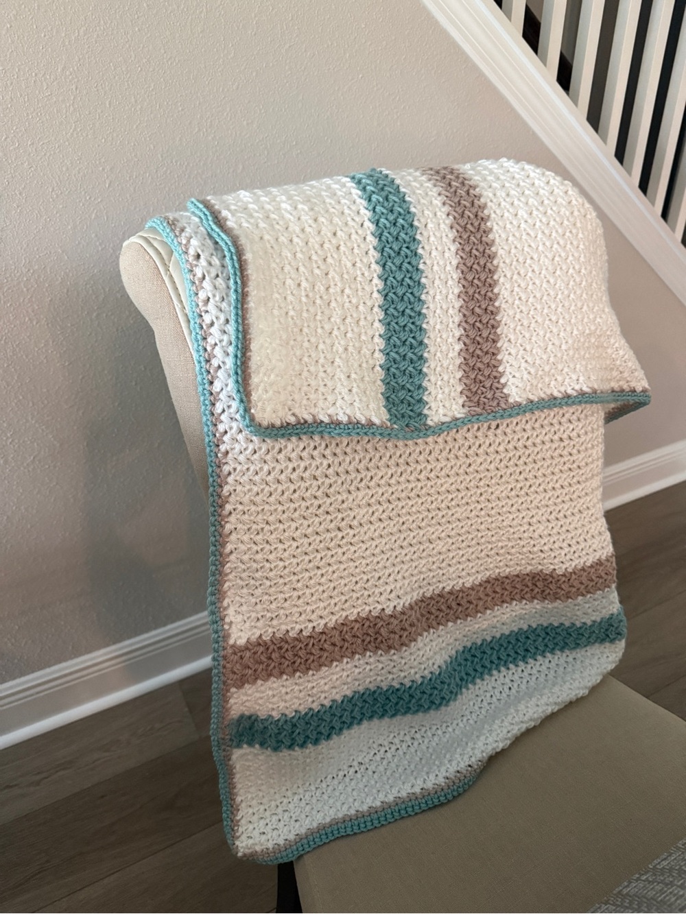 Handmade Crochet Stripe Baby Blanket - Cream with Teal & Taupe- or Lap Blanket